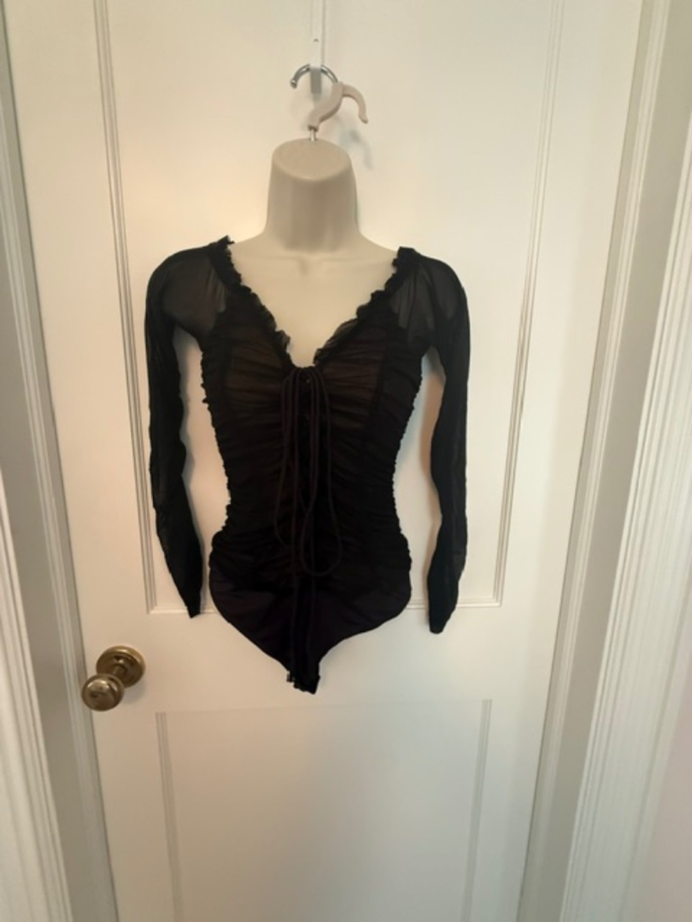 MAJORELLE "Cleo" Ruched Long Sleeve Mesh Bodysuit in Black